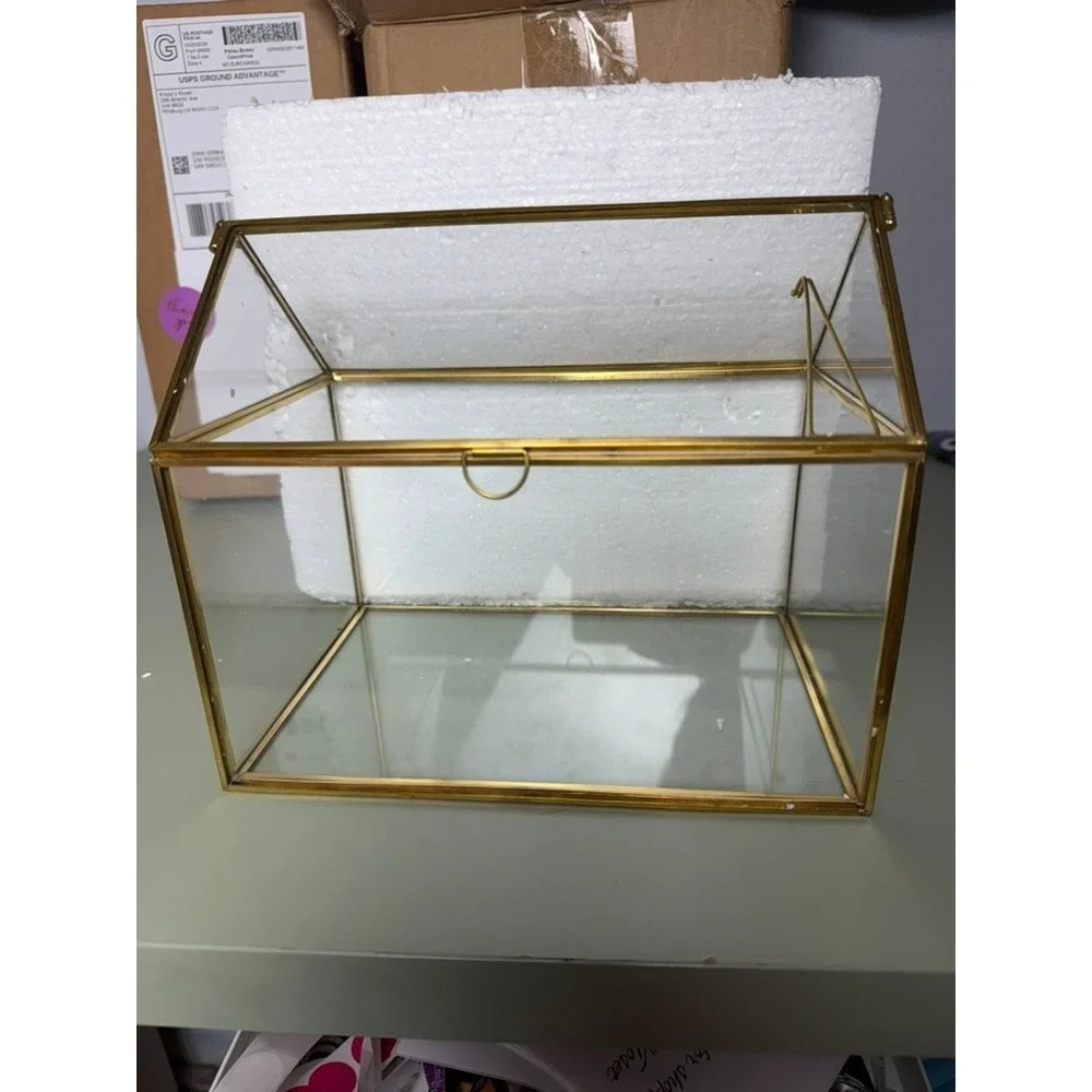 NIB Brass Glass House Terrarium Wedding Card Box Keepsake Large Display Case